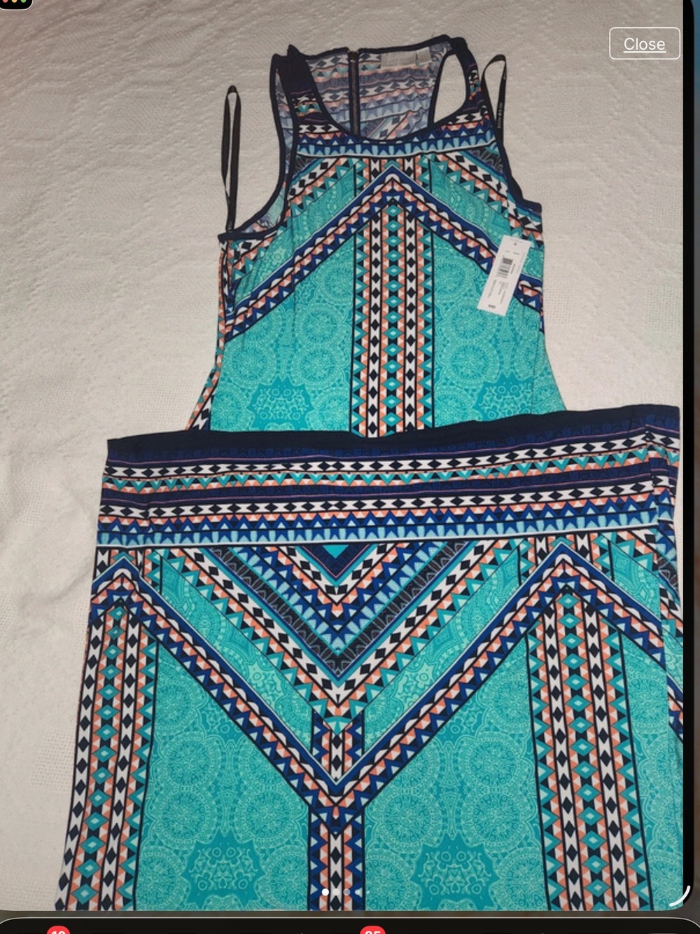 NWT VTG Bisou Bisou Boho Chic Teal and Navy Geometric Tank Dress L